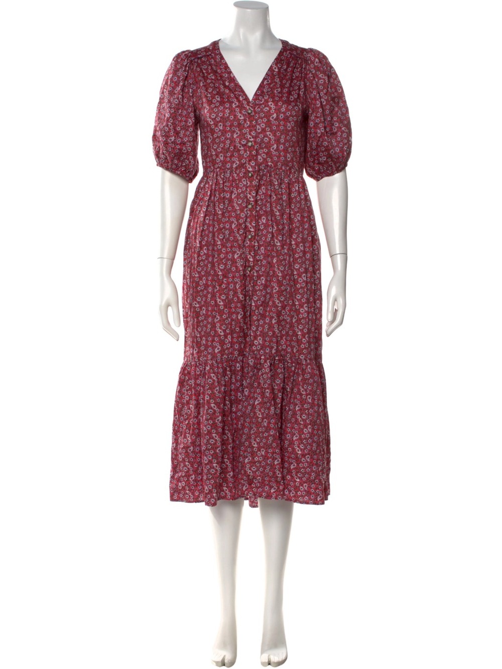 XiRENA Burgundy Floral Puff-Sleeve Midi Dress
